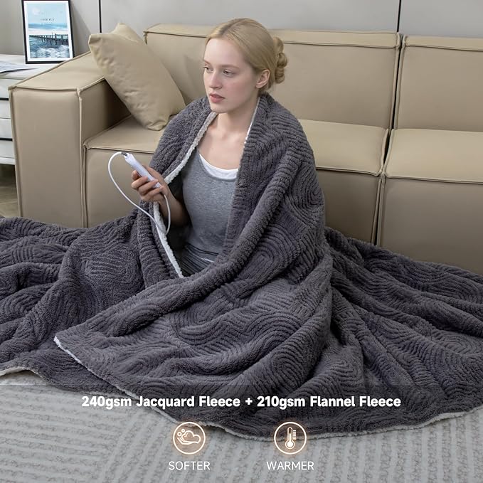 Heated Throw Blanket Electric - 50"x60" Cozy Soft Jacquard Heating Blanket with 4 Heat Levels & 4 Hours Auto-Off, Electric Throw with Overheating Protection, Warm Gifts, Grey