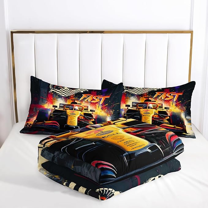 F1 Race Car Comforter Set Twin for Boys，Boys Twin Size Bedding Set Race Car，with 1 Comforter with 2 Pillow Case，F1 Race Car Themed Bedroom Decor