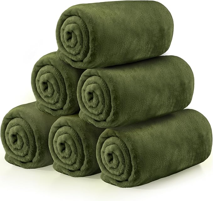Tinideya 6 Pcs Flannel Fleece Throw Blanket Bulk 50 x 60 Inch Soft Fleece Blanket Warm Throw Blanket Coral Blankets for Couch Sofa Home Wedding Gifts Season (Army Green)