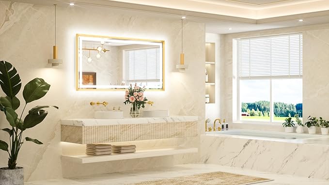 TETOTE 60 x 30 Large Bathroom Mirror Brushed Gold Metal Frame Frontlit & Backlit Vanity Mirror 3 Colors White/Warm/Natural Stepless Dimmable Anti-Fog Bathroom Mirrors for Vanity Wall-Mounted