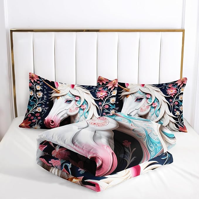 White and Pink Unicorn Flower Full Size Comforter Set for Girls，Kids Full Size Unicorn Bedding Sets for Girls