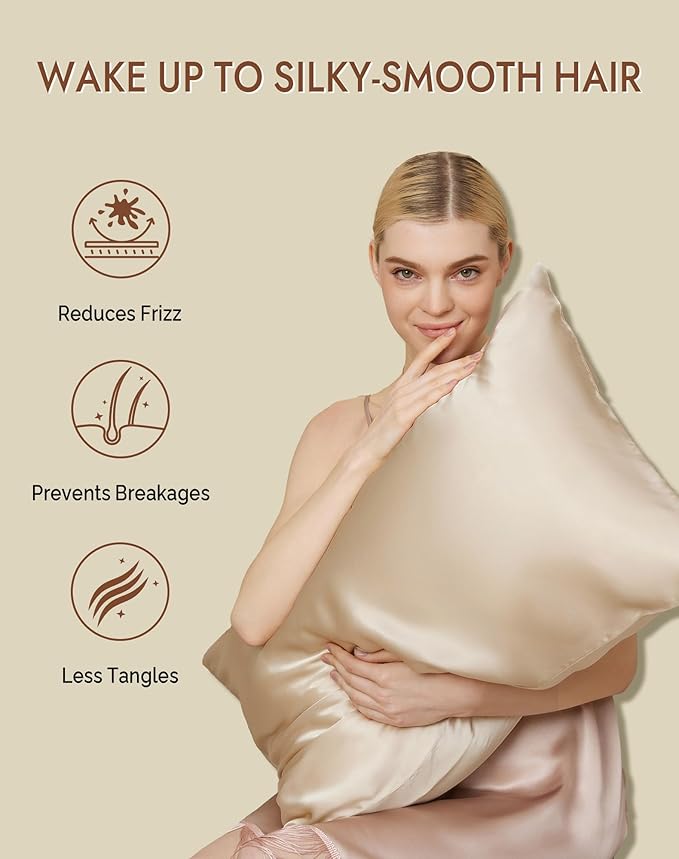 SilkSilky 100% Mulberry Silk Pillowcase - Pure 22 Momme High-Grade 6A Fibers for Hair & Skin, Envelope Closure, Natural, Organic, Breathable & Cooling Pillow Case (Queen, Beige)