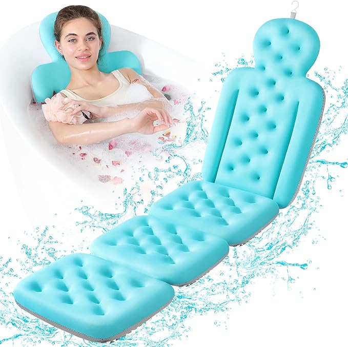 Luxury Bath Cushion, Full Body Bathtub Pillow with 160 Suction Cups, Bath Mat for Head and Neck Support, with Laundry Bag (Blue, 60.2" x 16.2")