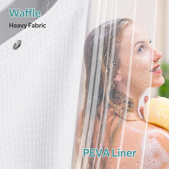 3 in 1 Shower Curtain Set, Waffle Shower Curtain and Liner Set with 12 Double Sided Shower Curtain Hooks, 258GSM Luxury Weighted Cloth Shower Curtains for Bathroom, 72 W x 72 H, White