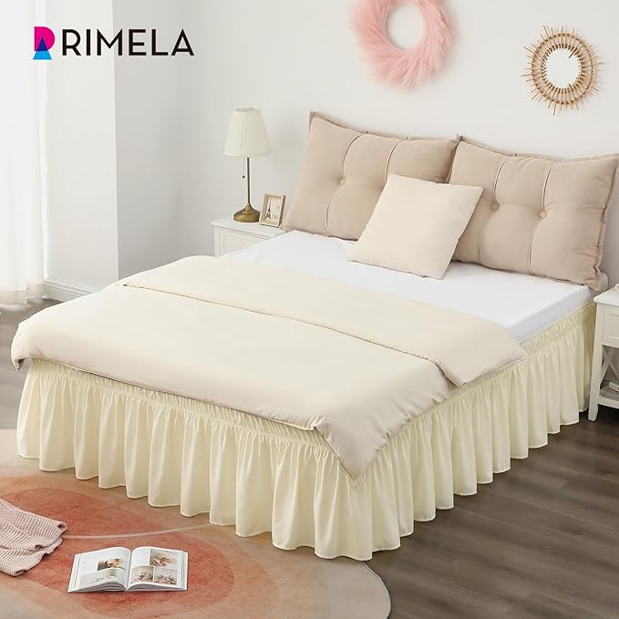 RIMELA Cream Yellow Bed Skirt Queen Size 18 Inch Drop, Elastic Bed Skirting for Bed Base and Frame, Bedding Dust Ruffle Easy to Install, Lightweight Wrap Around Adjustable Bedskirt