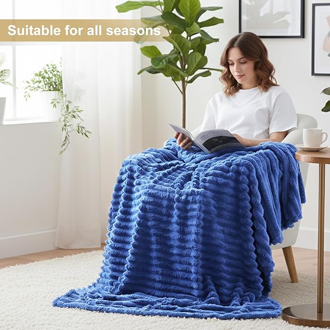 decorUhome Christmas Soft Fleece Navy Blue Throw Blanket for Couch, Cozy Fluffy Plush Flannel Striped Blanket for Sofa Bed, Lightweight Decorative Ribbed Fuzzy Blanket for Woman, 50x60 Inches
