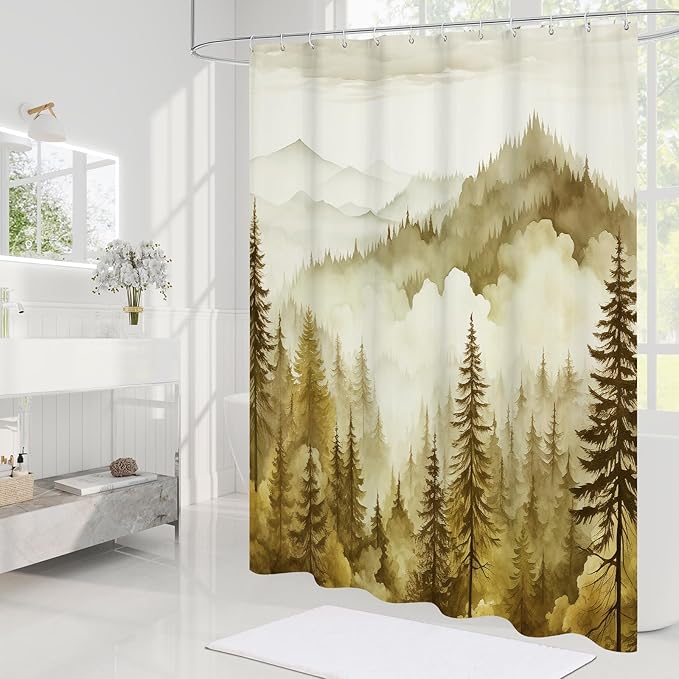 Yellow Long Misty Pine Forest Shower Curtain 72 x 78, Mountain Foggy Woodland Scenery Tree 78 Inch Long Shower Curtains for Bathroom, Abstract Waterproof Nature-Themed Decor