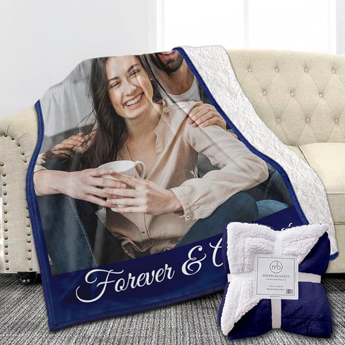 Custom Sherpa Fleece Blanket with Photos, Text, Soft, Warm, Fuzzy Personalized Couples Gifts for Boyfriend, Girlfriend