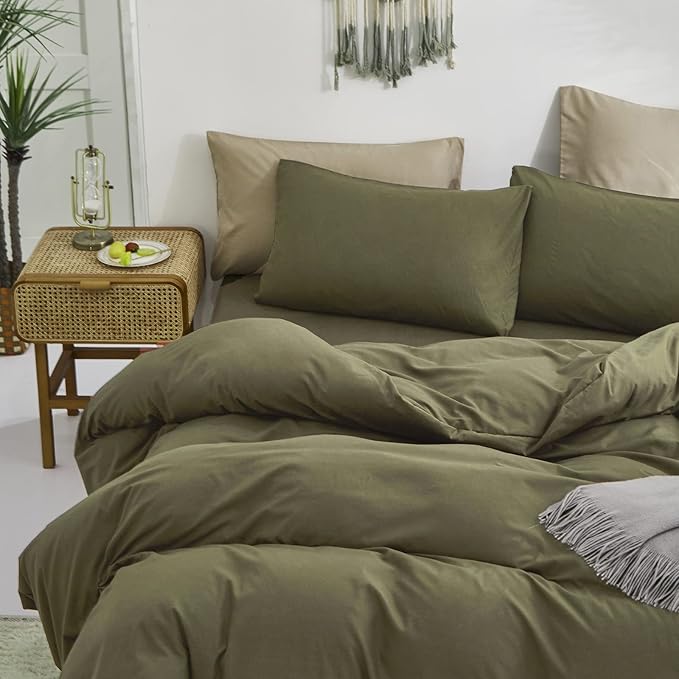 Cottonight Green Comforter Set Full Olive Green Bedding Set Plain Solid Color Blanket Quilts Modern Soft Breathable 3 Piece Classic Comforter Set for Full Bed