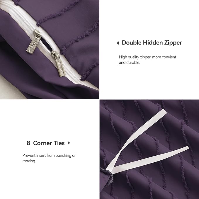 JELLYMONI Duvet Cover Full Size Purple - 3PCS Boho Striped Duvet Cover Set Polyester Tufted Bohemian Textured Comforter Cover 80×90in with Corner Ties & Zipper and 2 Pillowcases