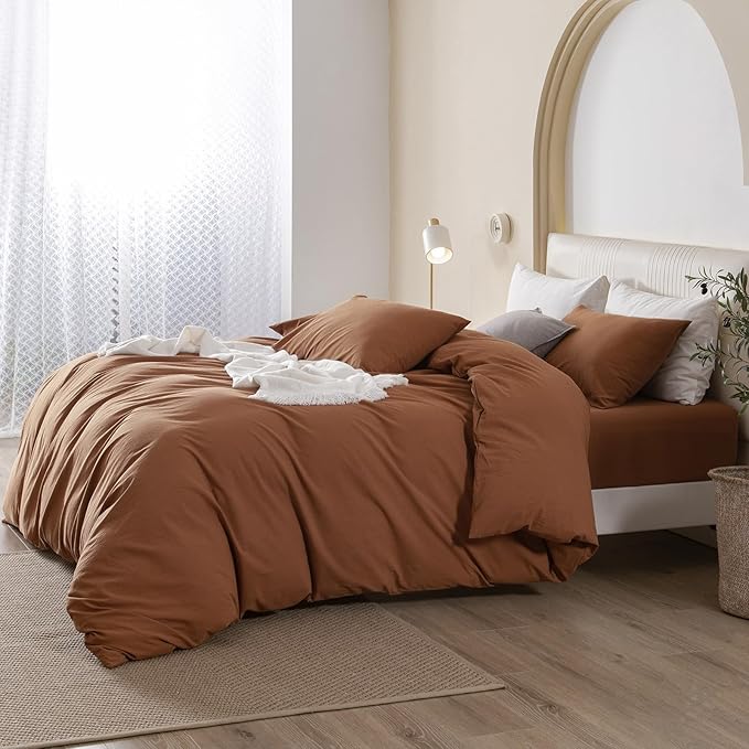 JIYUAN 100% Washed Cotton Duvet Cover Set 3 Pieces King, 1 Duvet Cover 104x90 Inches(Comforter Not Included) and 2 Pillowcases,Linen Feel Bedding Set Comfy and Breathable,Burnt Orange