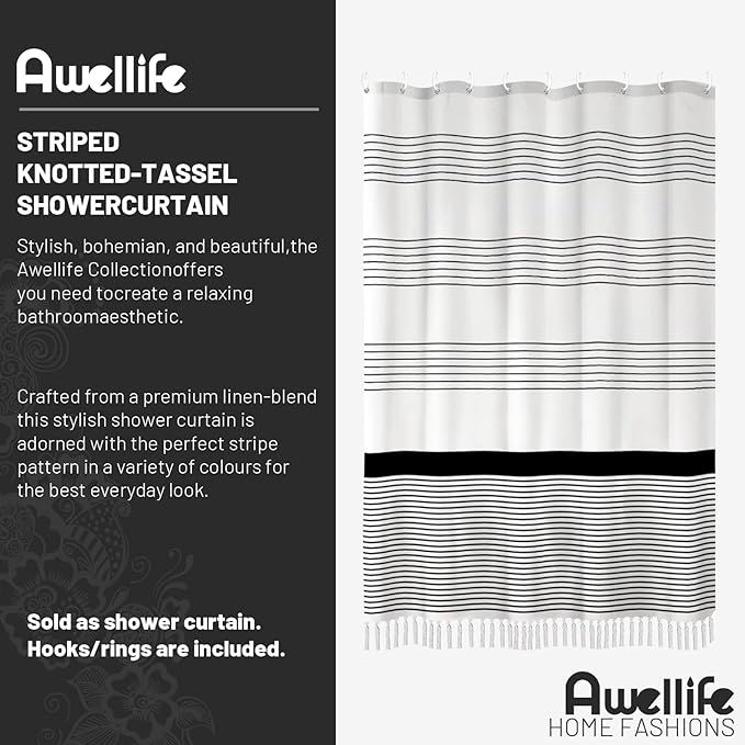 Awellife Black Boho Stripe Shower Curtain for Bathroom with Tassel 72 X 72 Farmhouse Cotton