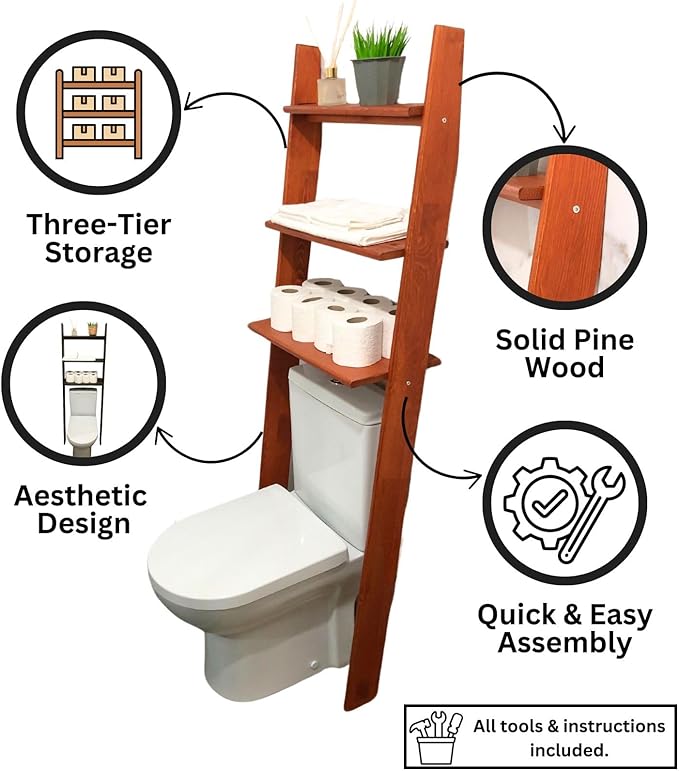 Over The Toilet Birch Wood Bathroom Organizer Shelves, 3-Tier Freestanding Above Toilet Storage Ladder Shelf, Standing Space Saver Behind Toilet Small Bathroom Organizer (Chestnut)