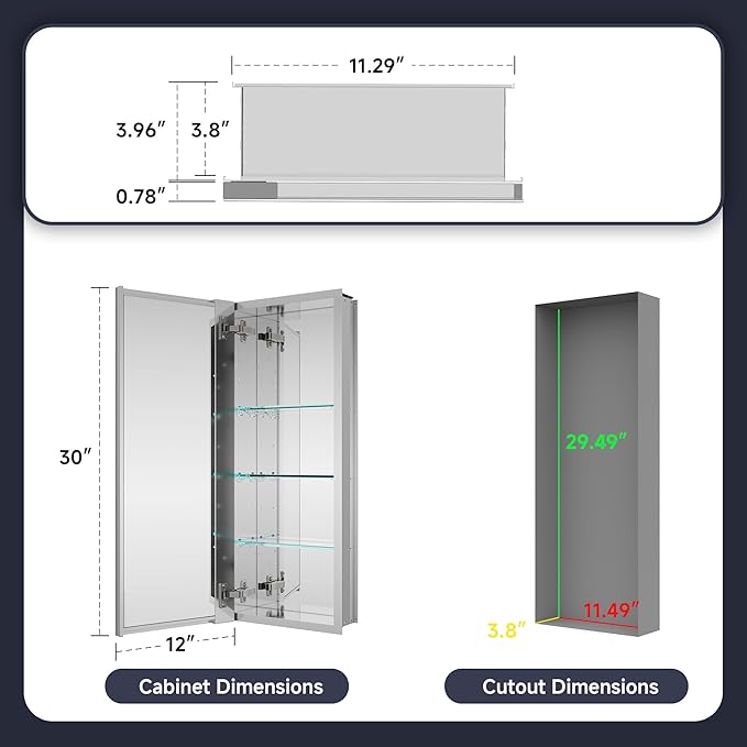 Medicine Cabinet 12" x 30", Bathroom Medicine Cabinet with Mirror, Recessed Medicine Cabinets with Adjustable Shelves, Soft-Closing Door, and Aluminum Alloy Frame - Reverse Installation, Silver