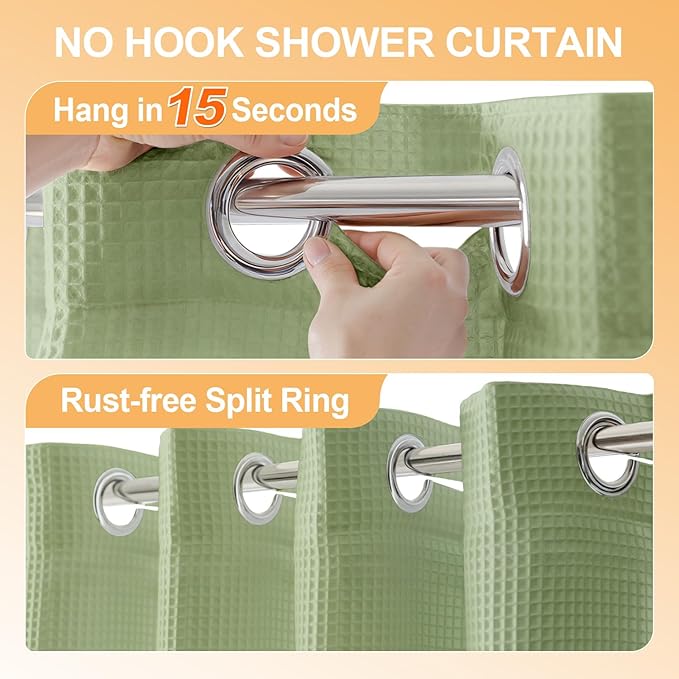 River Dream Sage Green Cotton Blend Shower Curtain with Snap in Liner, No Hook Shower Curtains for Bathroom, Hotel Grade, Water Repellent, 71" W x74 L