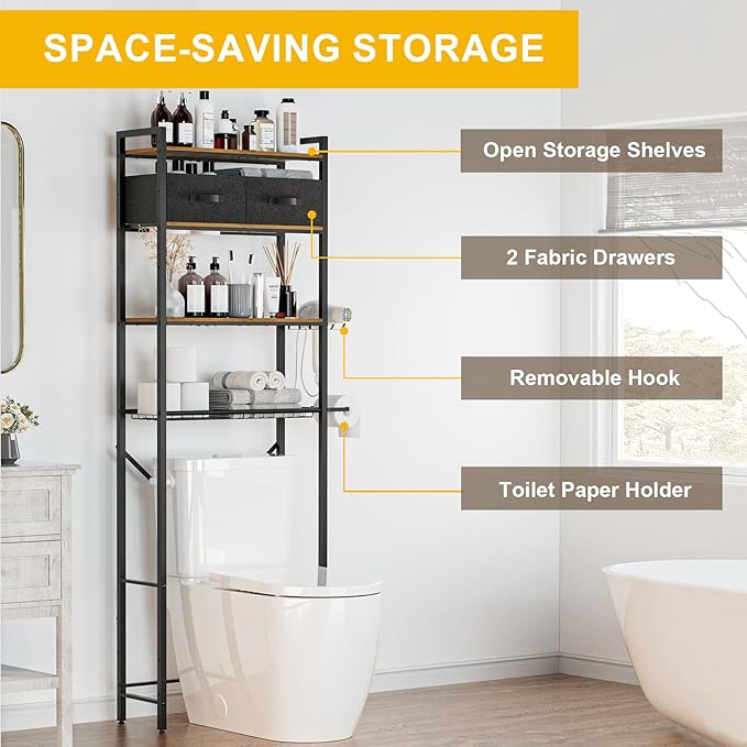 4-Tier Over Toilet Bathroom Organizer with 2 Drawers, Wooden Over Toilet Storage with Adjustable Shelf, Paper Holder, Hooks, 23.6" W Freestanding Bathroom Shelves Over Toilet Space Saver