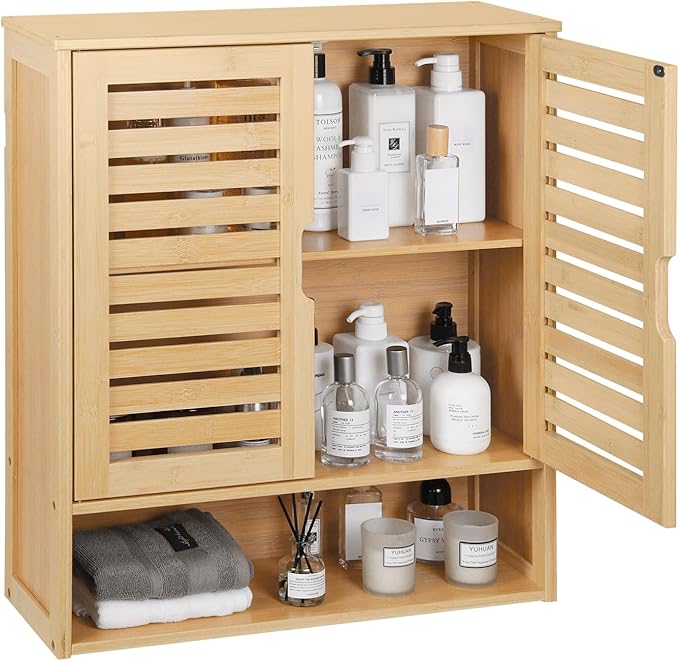 HYNAWIN Bathroom Wall-Mounted Medicine Cabinet - Over-The-Toilet Floating Bamboo Storage Organizer with Adjustable Shelf, Space-Saving for Kitchen, and Living Room