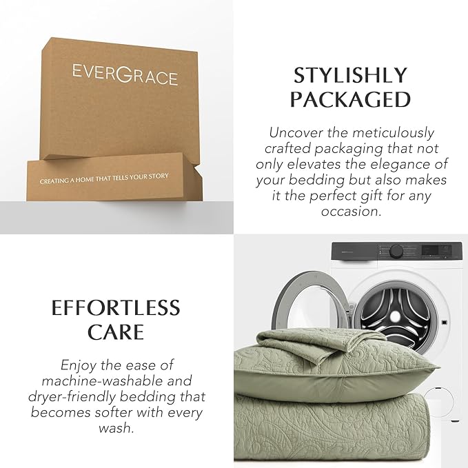 EVERGRACE 100% Cotton Paisley Quilt Set, King Size 3 Piece Set – Prewashed Lightweight Bedspread with 2 Shams, Soft & Breathable Matelasse Coverlet for All-Season Comfort, Light Sage Green
