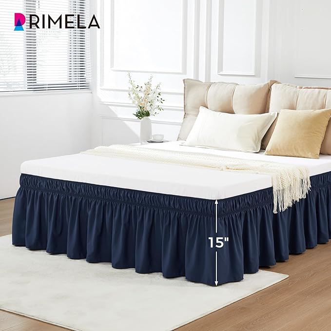 RIMELA Navy Blue Bed Skirt King Size 18 Inch Drop, Elastic Bed Skirting for Bed Base and Frame, Bedding Dust Ruffle Easy to Install, Lightweight Wrap Around Adjustable Bedskirt