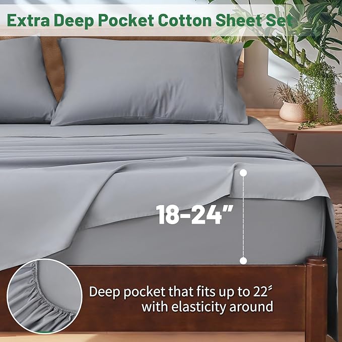 Extra Deep Pocket King Sheets 18-24 Inch 1000 Thread Count 100% Egyptian Cotton Sateen Weave Soft Breathable 4 Pieces（King，Grey）