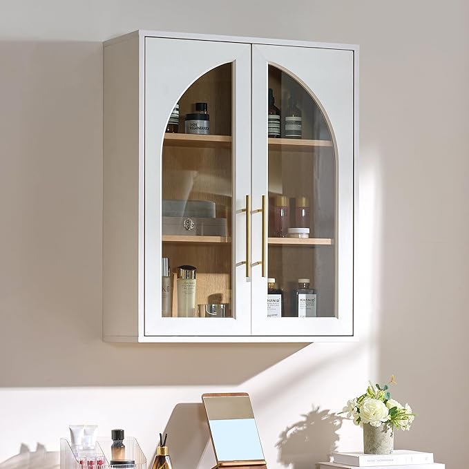 Bathroom Arched Wall Cabinet Over The Toilet Storage Cabinet, 23.6×31.4 Inch Bathroom Medicine Cabinet Wall Mount with Adjustable Shelves & Glass Door, Space Saver Wall Cabinet for Laundry,White