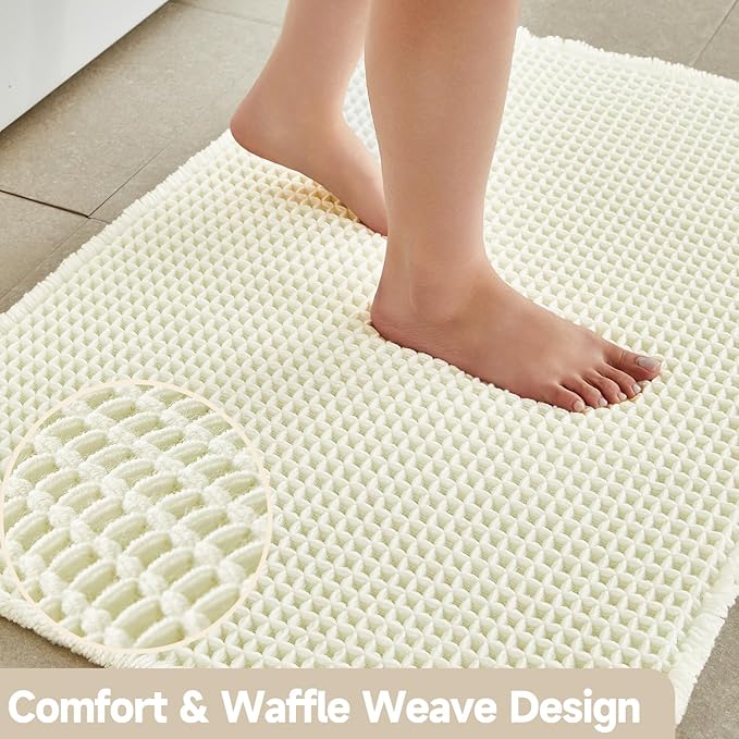 Cream White Bathroom Rugs, Waffle Bath Mat Non Slip Washable Super Absorbent Quick Dry Boho Farmhouse Bathroom Decor, 24"x16" Cream White