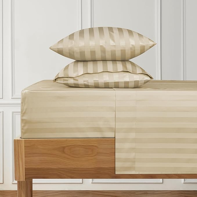 URBANHUT 1000 Thread Count Pure Cotton California King Striped Sheets Set (4 Pc) - Ultra Soft & Smooth, Thick & Crisp Sateen Weave Calking Striped Bedsheets with 16" Deep Pockets - Sand.