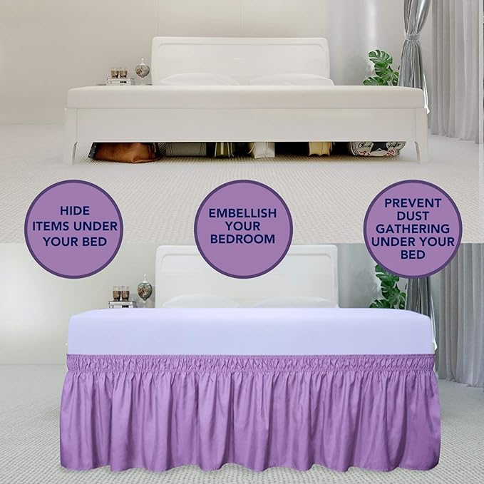 PureFit Wrap Around Ruffled Bed Skirt with Adjustable Elastic Belt - 18 Inch Drop Easy to Put On, Wrinkle Free Bedskirt Dust Ruffles, Bed Frame Cover for Twin, Twin XL and Full Size Beds, Lavender
