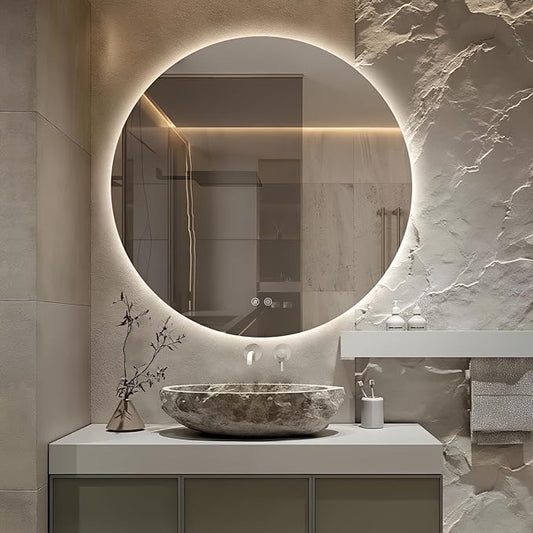 Round LED Mirror for Bathroom, 28" Circle Frameless Backlit Mirror with Lights, Wall Mounted Vanity Mirror, 3 Colors, Dimmable, Anti-Fog, IP65 Waterproof, Memory Function, UL Listed