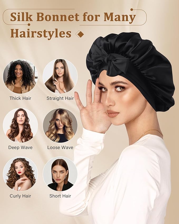 AWAYTR Mulberry Silk Bonnet for Sleeping - Silk Sleep Bonnet with Tie Band for Curly Hair Men and Women (Black)