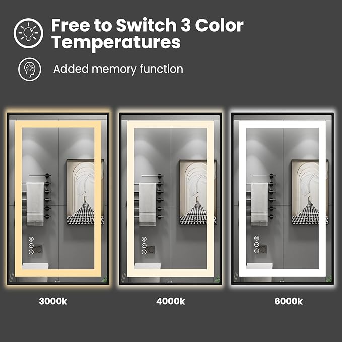 Amorho 24"X30" LED Bathroom Mirror with Black Frame, Front Light and Backlit, Stepless Dimmable, Anti-Fog, Shatter-Proof, Memory, 3 Colors, Double LED Vanity Mirror