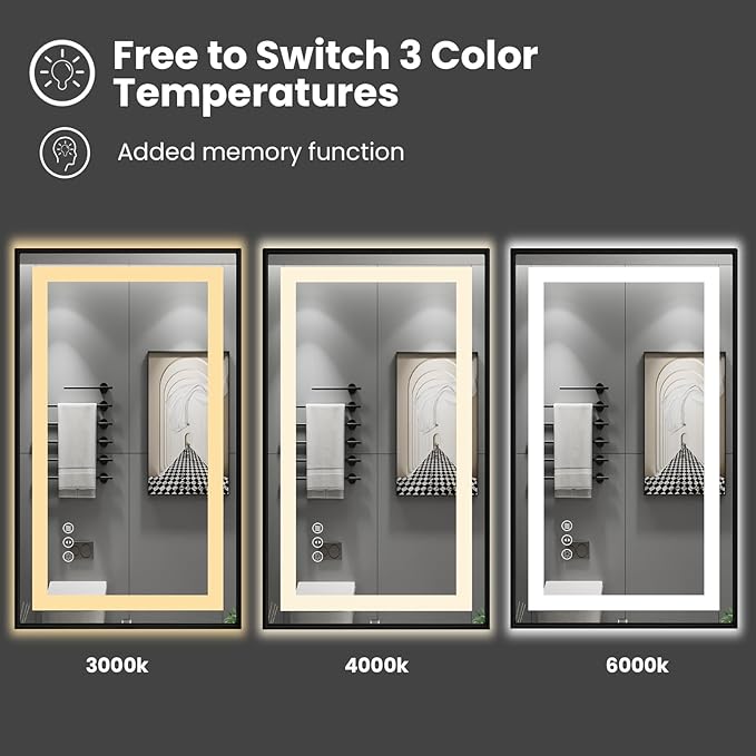 Amorho 40"X32" LED Bathroom Mirror with Black Frame, Front Light and Backlit, Stepless Dimmable, Anti-Fog, Shatter-Proof, Memory, 3 Colors, Double LED Vanity Mirror