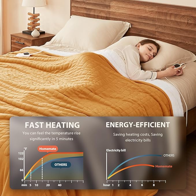 Homemate Electric Heated Blanket Full Size - 72"x84" Heating Blanket Full Size 1/2/4/6/8 Hours Auto-Off 10 Heat Level Over-Heat Protection Flannel Sherpa ETL Certification