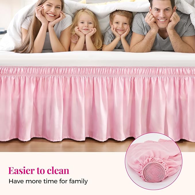 RIMELA Dusty Pink Bed Skirt Queen Size 15 Inch Drop, Wrap Around Elastic Bedskirt, Dust Ruffle for Adjustable Bed Base Machine Washable Easy to Install Bed Skirts