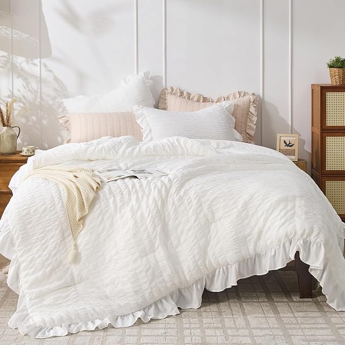 JOLLYVOGUE White King Comforter Set, 3 Pieces Seersucker Comforters King Size, Lightweight & Fluffy Bedding Sets King for All Season with 1 Ruffle Comforter and 2 Ruffle Pillowshams