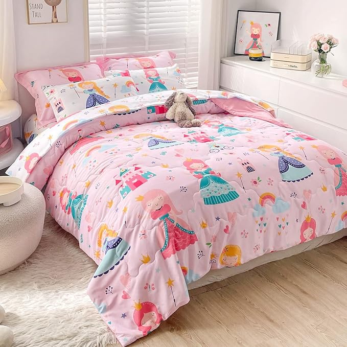 Wajade Kids Pink Princess Comforter Set Bed in a Bag Twin Size 7 Piece Princess Fairy Tales Castle Bedding Set for Girls (1 Comforter, 1 Flat Sheet, 1 Fitted Sheet, 2 Pillowcase and 2 Pillow Sham)