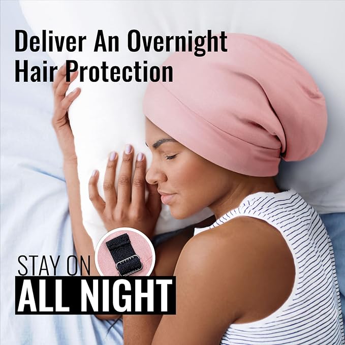 PARISBELLA Satin Sleep Cap Bonnet for Women, Stay On All Night Hair Wrap with Adjustable Strap for Curly Hair, Pink, Pack of 1