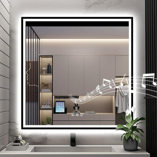 S·BAGNO 36''x36'' LED Bathroom Mirror with Lights, Bathroom Vanity Wall Mirror with Buletooth, Anti-Fog, Stepless Dimmable, 3 Colors, Tempered Glass Lighted Vanity Mirror for Bathroom