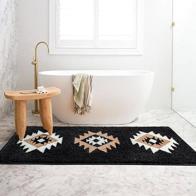 DEXDE Bathroom Runner Rugs 20x72 Boho, Long Bath Mats for Bathroom Bedroom Hallway Kitchen Luxury Soft Absorbent Large Bath Rugs Modern Geometric Western Farmhouse Carpet, Black White