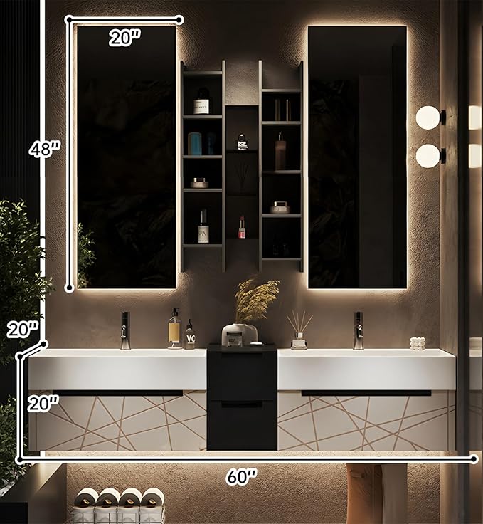 Double Bathroom Vanity with Sink, Floating Modern Bathroom Vanity Set Includes LED Smart Defogging Mirror and Open Storage Wall Cabinet, Solid Wood Bathroom Cabinet with Large Drawer (Apricot, 60")
