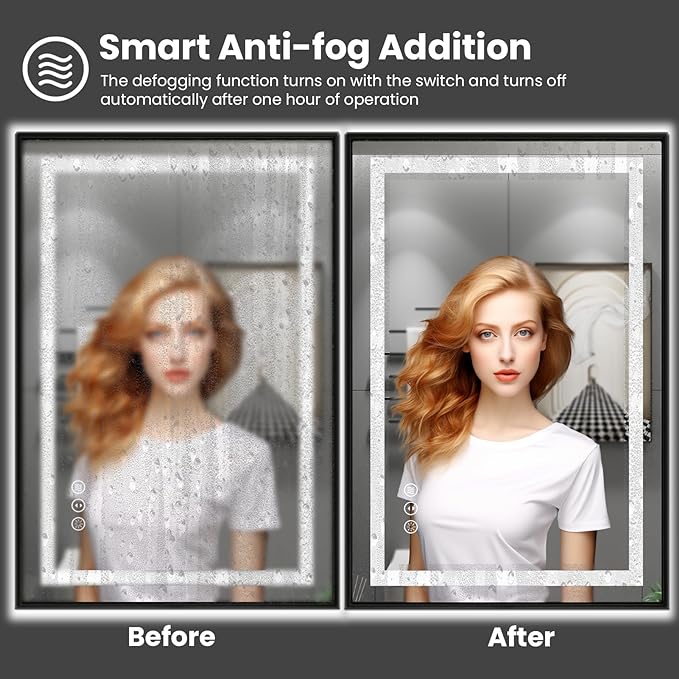 Amorho 55"X40" LED Bathroom Mirror with Black Frame, Front Light and Backlit, Stepless Dimmable, Anti-Fog, Shatter-Proof, Memory, 3 Colors, Double LED Vanity Mirror