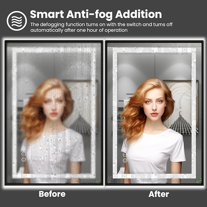 Amorho 28"X32" LED Bathroom Mirror with Black Frame, Front Light and Backlit, Stepless Dimmable, Anti-Fog, Shatter-Proof, Memory, 3 Colors, Double LED Vanity Mirror