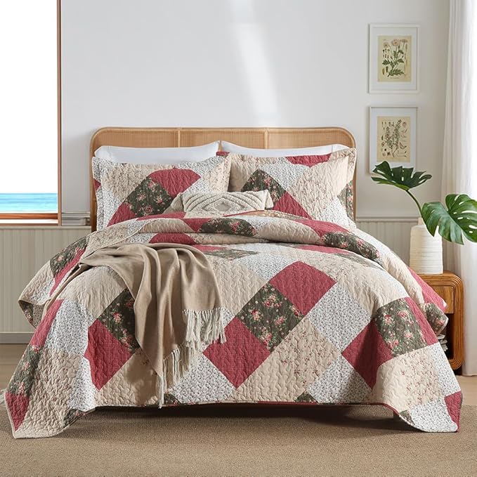 ENASAL Cotton Bedspread Quilt Bedding Sets Reversible Coverlet Sets Comforters Rose Floral Purple White Patchwork Pattern Bedspread for All Season, Queen Size