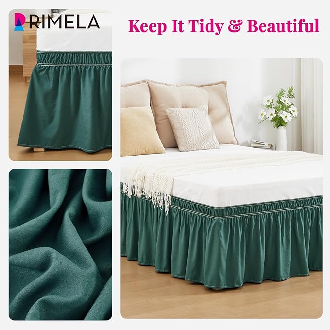 RIMELA Emerald Green Bed Skirt King Size 15 Inch Drop, Wrap Around Elastic Bedskirt, Dust Ruffle for Adjustable Bed Base Machine Washable Easy to Install Bed Skirts