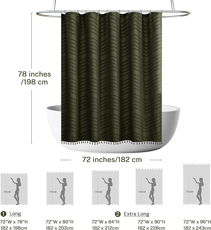 Boho Extra Long Olive Green Shower Curtain with Tassel, Woven Fabric, Tufted Chevron Striped, 72 x 78, Modern Chic Textured Minimalist