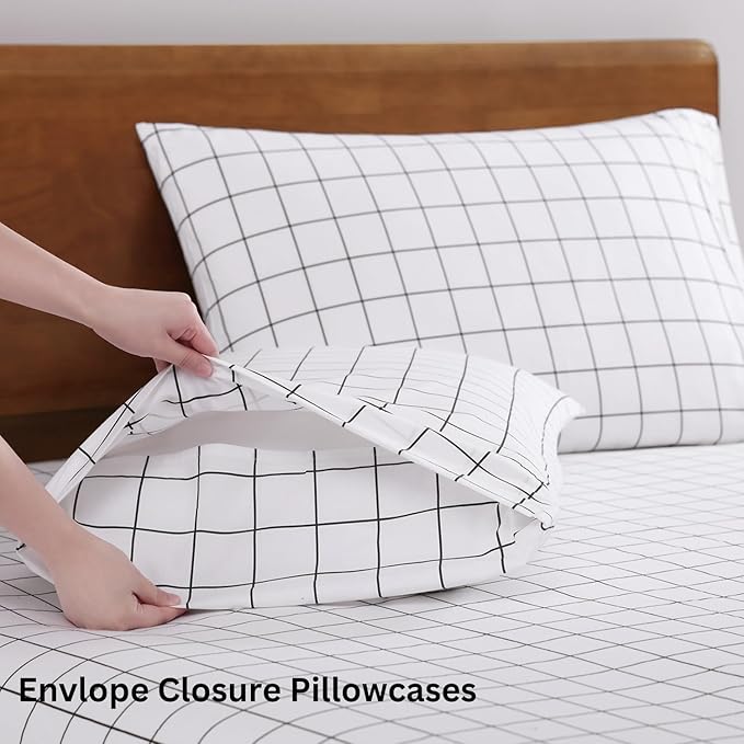 LANE LINEN 100% Organic Cotton Queen Bed Sheet, Fade Resistant Printed Cotton Sheets Low Pill Soft & Comfy Machine Washable Queen Size Deep Pockets Fits Upto 15" - Windowpane
