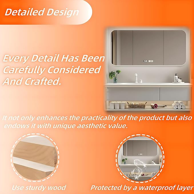 64IN Grey Bathroom Vanity Set - Floating Bathroom Vanity with Single Sink | Including LED Smart Defogging Mirror Cabinet & Time Display Function, Equipped with Motion Sensing Light Strip (Style A)