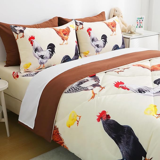 Wajade Chicken Comforter Set 7 Pcs Animal Theme Bedding Set Twin Size for Kids Adults Chicken Quilt Farm Theme Printed Pattern for Thanksgiving Birthday