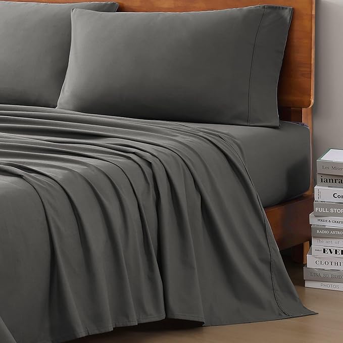LANE LINEN 100% Organic Cotton 3Pc Bed Sheets Twin Size, Classic Percale Weave, Soft & Comfy Fully Elasticized Naturally Cooling Cotton Sheets, Low Pill Machine wash Twin Sheet Set- Charcoal