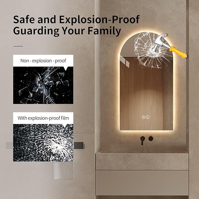 Arched Shaped LED Bathroom Mirror with dimming Lighting, 24V, 3 Color temperatures, defogger, 5MM Silver Glass (40" L x 30" W)